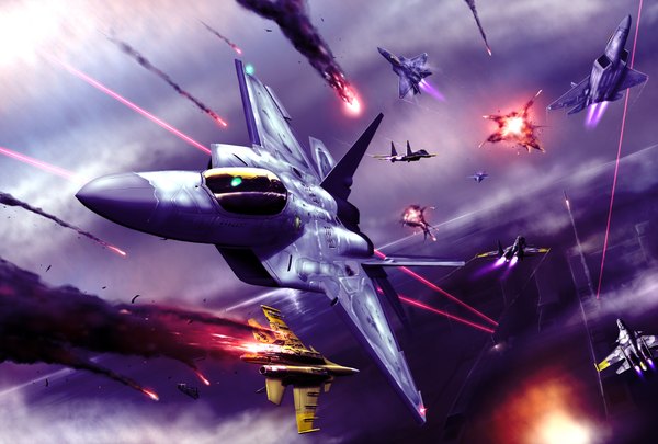 Anime picture 2000x1350 with zephyr164 highres scenic battle destruction war damage aircraft airplane jet