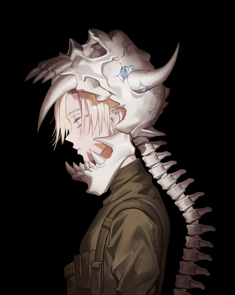 Anime picture 3186x3995 with original migumi single tall image highres short hair blue eyes simple background blonde hair absurdres upper body profile sparkle piercing black background looking down ear piercing skeleton boy uniform