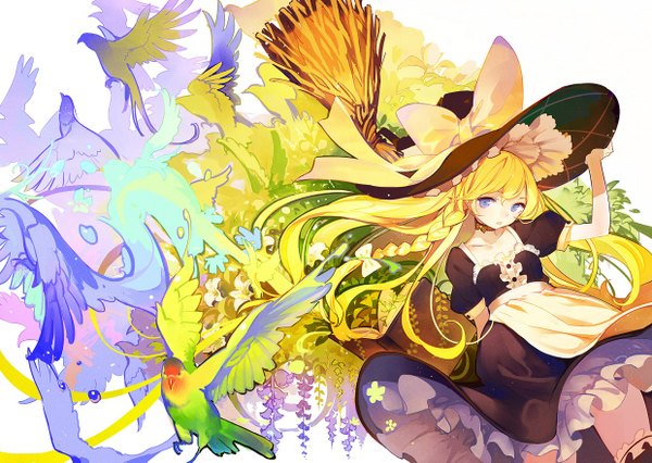 Anime picture 1240x881 with touhou kirisame marisa lia-sama single long hair looking at viewer blue eyes blonde hair witch girl dress flower (flowers) bow hair bow hat animal bird (birds) witch hat broom wisteria