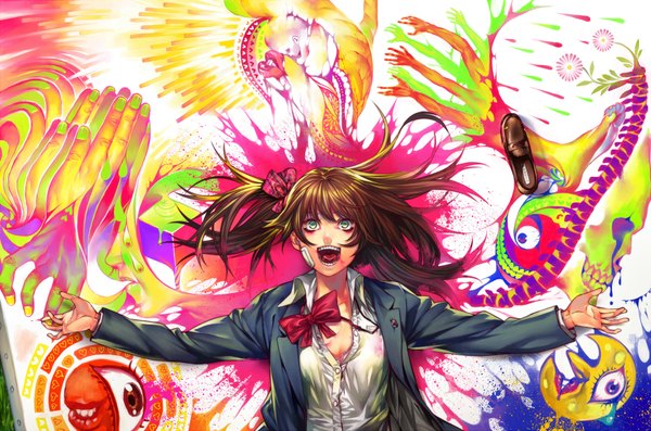 Anime picture 2160x1432 with original irohara mitabi single long hair looking at viewer highres open mouth brown hair green eyes teeth spread arms open collar shoes removed bandaid on face abstract crazy painting colorful girl uniform