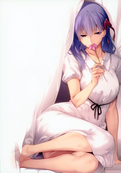 Anime picture 2450x3510 with fate (series) fate/stay night matou sakura nanao (mahaya) single long hair tall image fringe highres hair between eyes sitting purple eyes purple hair bent knee (knees) arm support looking down covered mouth girl dress flower (flowers)