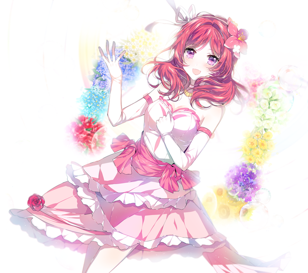 Anime picture 1000x888 with love live! school idol project sunrise (studio) love live! nishikino maki n n (vbdpsep) single blush fringe open mouth smile white background purple eyes cleavage red hair :d hair flower dutch angle hand on chest happy girl