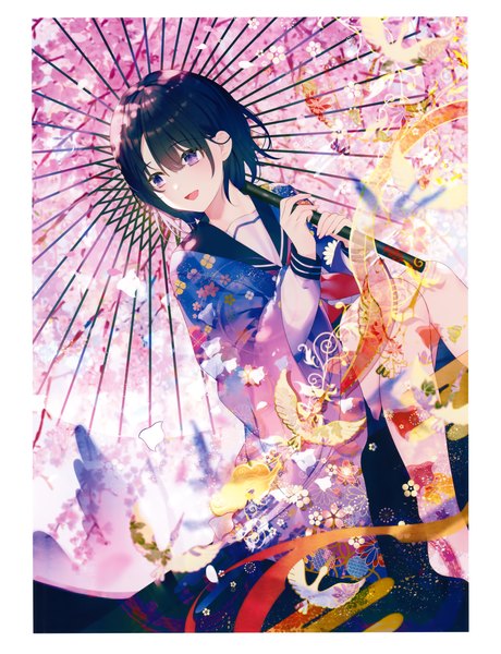Anime picture 2919x3805 with original eshi 100-nin ten achiki single tall image blush fringe highres short hair open mouth black hair smile hair between eyes sitting purple eyes bent knee (knees) long sleeves traditional clothes head tilt :d