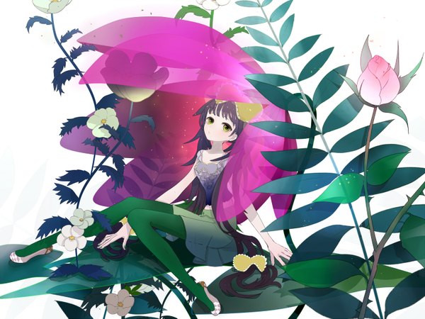 Anime picture 1500x1125 with original felt (lidsan) single looking at viewer white background sitting green eyes very long hair nail polish midriff girl skirt flower (flowers) plant (plants) pantyhose rose (roses)