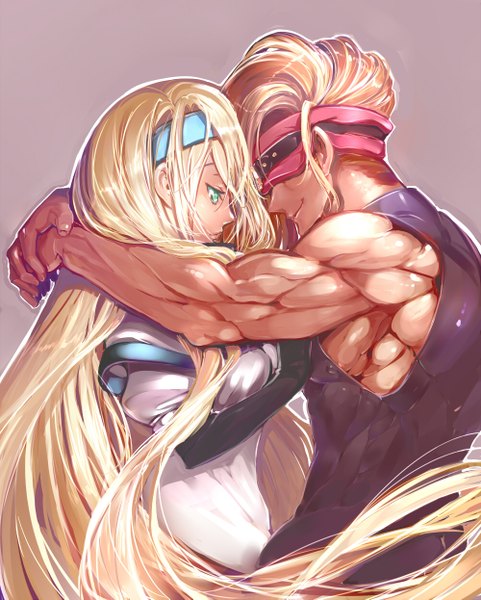 Anime picture 1000x1245 with guilty gear millia rage zato-1 fujishima-sei ichi-gou tall image highres short hair blue eyes blonde hair smile looking away very long hair sleeveless couple hand on chest muscle face to face blindfold girl boy
