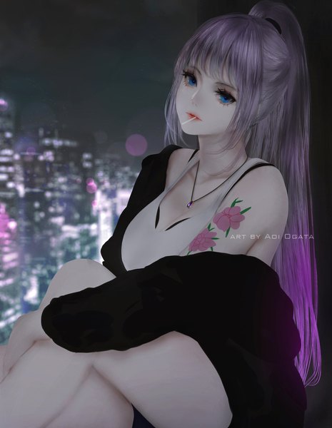 Anime picture 1465x1888 with original aoi ogata single long hair tall image looking at viewer fringe breasts blue eyes sitting bare shoulders signed payot cleavage purple hair ponytail blunt bangs head tilt lips night