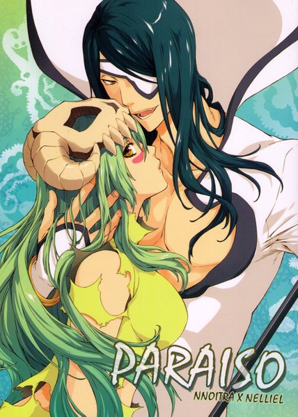 Anime picture 1024x1437 with bleach studio pierrot nelliel tu odelschwanck nnoitra jiruga long hair tall image looking at viewer open mouth black hair smile brown eyes horn (horns) green hair inscription couple hug torn clothes scar espada girl