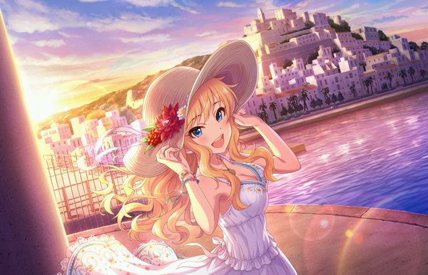 Anime picture 1280x824 with idolmaster idolmaster cinderella girls idolmaster cinderella girls starlight stage ootsuki yui annindoufu (oicon) single long hair blush open mouth blue eyes blonde hair cloud (clouds) :d official art dutch angle city cityscape adjusting hat sol paraiso girl