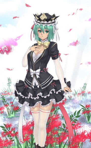 Anime picture 1541x2500 with touhou shikieiki yamaxanadu houtengeki single tall image short hair breasts green eyes cleavage green hair hand on chest girl thighhighs dress flower (flowers) bow ribbon (ribbons) white thighhighs bonnet crown