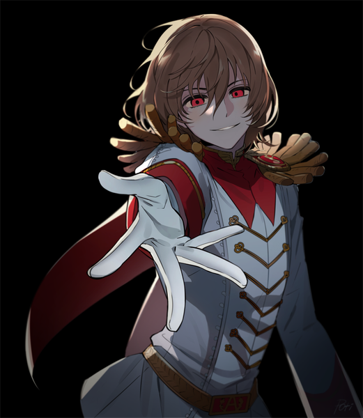 Anime picture 1000x1150 with persona 5 persona akechi gorou poti single tall image looking at viewer fringe short hair simple background smile hair between eyes red eyes brown hair upper body black background outstretched hand boy gloves white gloves