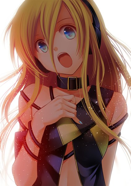 Anime picture 723x1023 with vocaloid lily (vocaloid) nacht single long hair tall image open mouth blue eyes simple background blonde hair white background girl headphones
