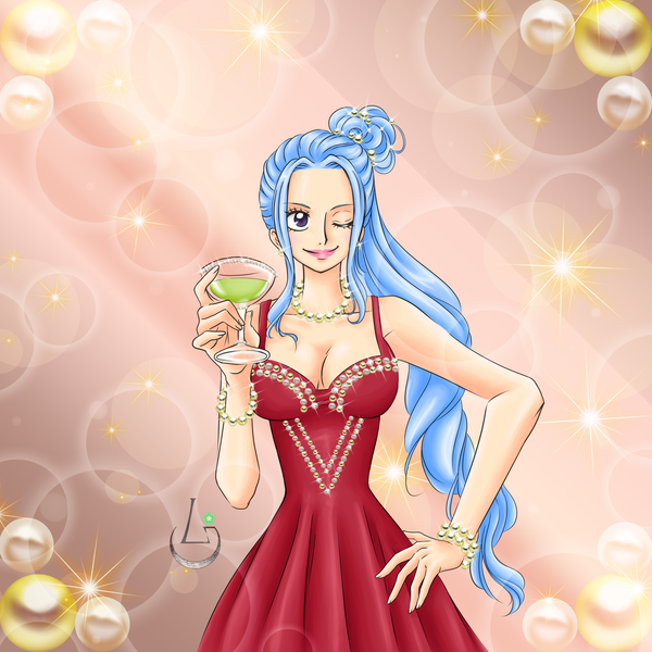 Anime picture 4724x4724 with one piece toei animation nefertari vivi ludovica single long hair highres breasts smile standing holding signed payot blue hair looking away absurdres cleavage one eye closed wink black eyes