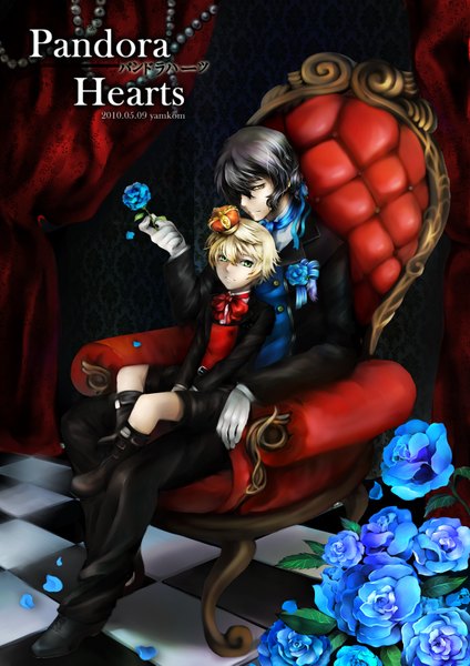 Anime picture 1200x1697 with pandora hearts xebec oz vessalius gilbert nightray yeomang tall image short hair black hair blonde hair green eyes yellow eyes checkered floor formal boy gloves flower (flowers) ribbon (ribbons) boots bowtie rose (roses)