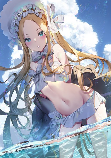 Anime picture 566x800 with fate (series) fate/grand order abigail williams (fate) abigail williams (swimsuit foreigner) (fate) yoshimoto (dear life) single long hair tall image blush blue eyes light erotic blonde hair twintails sky cloud (clouds) outdoors partially submerged groin girl navel