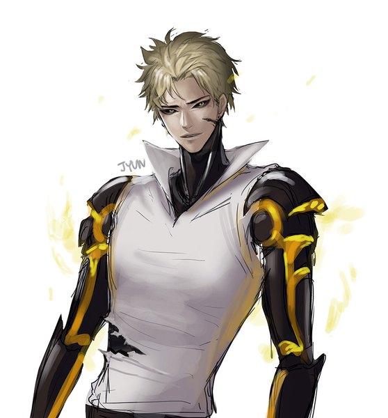 Anime picture 900x968 with one-punch man madhouse genos jyun (pixiv14105493) single tall image looking at viewer short hair blonde hair simple background white background signed yellow eyes upper body torn clothes mechanical arms black sclera superhero boy cyborg