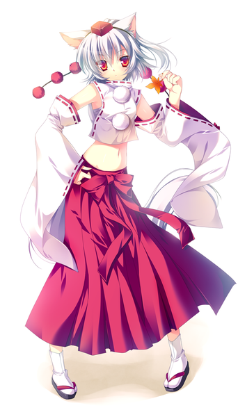 Anime picture 855x1500 with touhou inubashiri momiji futaori arisa single tall image looking at viewer blush short hair simple background red eyes white background animal ears white hair traditional clothes miko girl detached sleeves leaf (leaves) pom pom (clothes)