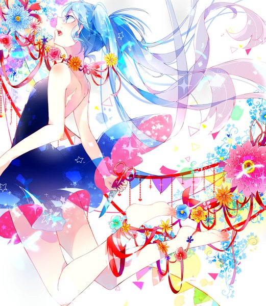 Anime picture 1600x1842 with vocaloid hatsune miku hoshino kisora single long hair tall image blush blue eyes twintails bare shoulders looking away barefoot aqua hair bare legs girl dress flower (flowers) ribbon (ribbons) sundress blue dress