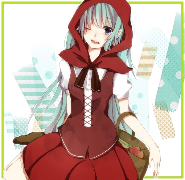 Anime picture 1000x976 with little red riding hood vocaloid hatsune miku hiiro (artist) single long hair looking at viewer blush open mouth blue eyes one eye closed wink aqua hair framed little red riding hood (cosplay) girl hood apple