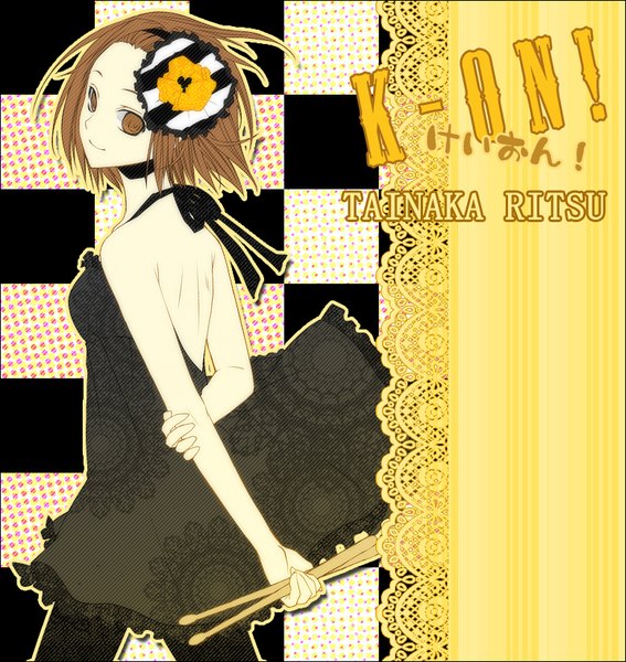 Anime picture 780x826 with k-on! kyoto animation tainaka ritsu senri (nazerine) single tall image looking at viewer short hair smile brown hair brown eyes copyright name character names back hands behind back bare back checkered checkered background don't say "lazy" girl