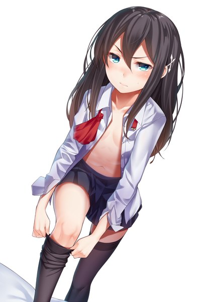 Anime picture 571x800 with original ray-akila single long hair tall image blush light erotic black hair simple background white background bent knee (knees) pleated skirt open clothes bare belly leaning open shirt leaning forward adjusting clothes adjusting legwear girl