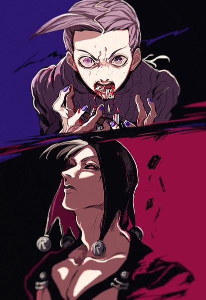 Anime picture 600x870 with jojo no kimyou na bouken risotto nero vinegar doppio mizudama tall image looking at viewer open mouth blonde hair red eyes purple eyes purple hair nail polish multiple boys pink background multiview purple background black sclera purple nail polish boy blood