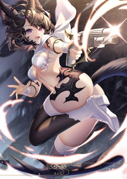 Anime picture 2480x3508 with final fantasy final fantasy xiv square enix au ra machinist (final fantasy) yue xiao e single tall image fringe highres short hair breasts open mouth light erotic smile hair between eyes brown hair large breasts standing purple eyes