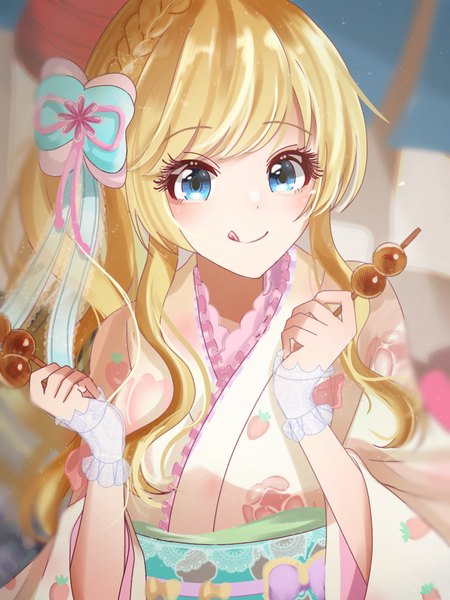 Anime picture 768x1024 with idolmaster idolmaster cinderella girls idolmaster cinderella girls starlight stage ootsuki yui morinaga (kisoapple) single long hair tall image blush fringe blue eyes blonde hair smile holding payot upper body braid (braids) traditional clothes japanese clothes blurry