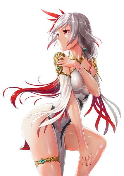 Anime picture 1448x2048 with honkai impact 3rd benghuai xueyuan honkai (series) fu hua fu hua (phoenix) gotointhepark single long hair tall image fringe breasts open mouth light erotic simple background red eyes standing white background payot looking away silver hair