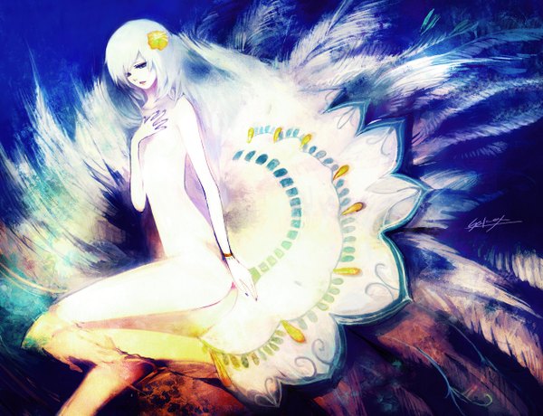 Anime picture 1280x982 with original sakaya (artist) blue eyes light erotic signed ass white hair hair flower flat chest girl hair ornament feather (feathers)