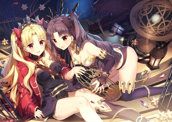Anime picture 1350x955 with fate (series) fate/grand order ishtar (fate) ereshkigal (fate) rosuuri long hair looking at viewer blush fringe breasts open mouth light erotic black hair blonde hair red eyes sitting bare shoulders multiple girls signed two side up