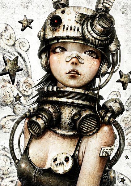 Anime picture 724x1024 with original shichigoro single long hair tall image black hair bare shoulders animal ears looking away parted lips black eyes bunny ears bandaid on nose post-apocalyptic cyberpunk girl star (symbol) bandaid helmet badge