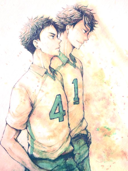 Anime picture 1000x1333 with haikyuu!! production i.g ooikawa tooru iwaizumi hajime tct_tt tall image short hair open mouth blue eyes black hair smile brown hair standing brown eyes looking away multiple boys hand on hip volleyball boy uniform