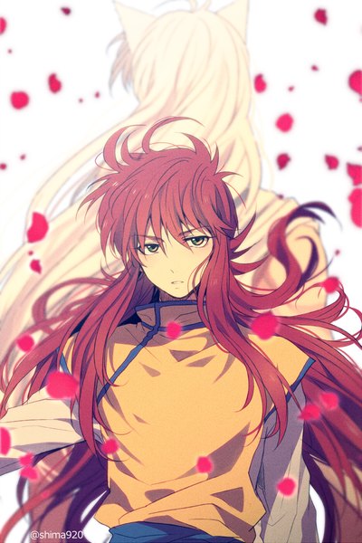 Anime picture 600x900 with yu yu hakusho kurama youko kurama mashima shima long hair tall image looking at viewer fringe white background green eyes signed animal ears white hair red hair traditional clothes fox ears chinese clothes back to back dual persona messy hair