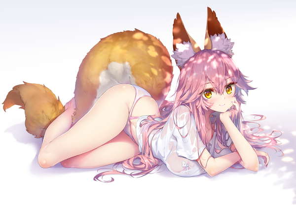 Anime picture 4912x3473 with fate (series) fate/extra tamamo (fate) (all) tamamo no mae (fate) hong (white spider) single long hair looking at viewer blush fringe highres breasts light erotic simple background smile hair between eyes large breasts white background animal ears yellow eyes