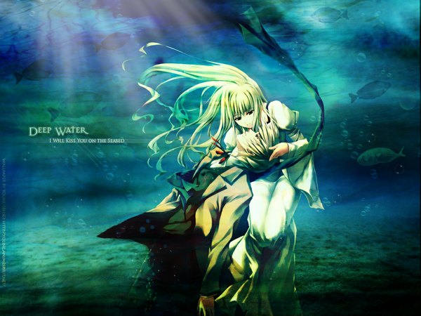 Anime picture 1024x768 with long hair short hair blonde hair couple water fish (fishes)