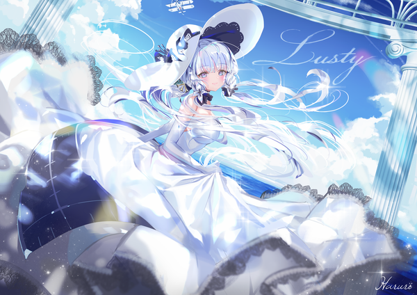 Anime picture 3541x2508 with azur lane illustrious (azur lane) haruri single long hair looking at viewer fringe highres blue eyes absurdres sky silver hair cloud (clouds) blunt bangs light smile sparkle tress ribbon girl dress gloves