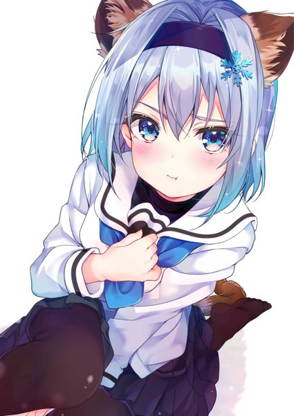 Anime picture 1534x2165 with ryuuou no oshigoto! sora ginko rouka (akatyann) single tall image looking at viewer blush fringe short hair blue eyes simple background hair between eyes white background sitting animal ears silver hair tail animal tail pleated skirt from above