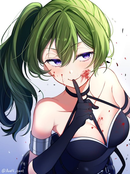 Anime-Bild 1200x1600 mit sousou no frieren ubel (sousou no frieren) anon qwat single long hair tall image fringe breasts light erotic smile hair between eyes purple eyes signed cleavage upper body green hair from above twitter username side ponytail finger to mouth