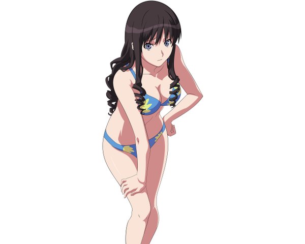 Anime picture 2560x2048 with amagami morishima haruka single long hair highres breasts blue eyes light erotic black hair simple background white background arm support hand on hip drill hair girl swimsuit bikini