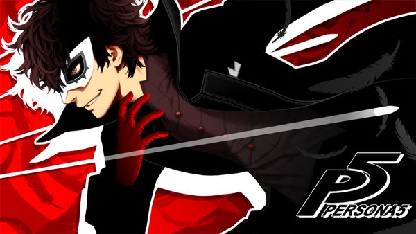 Anime picture 1500x845 with persona 5 persona amamiya ren arasdel single short hair black hair wide image looking away profile copyright name boy gloves cloak mask red gloves