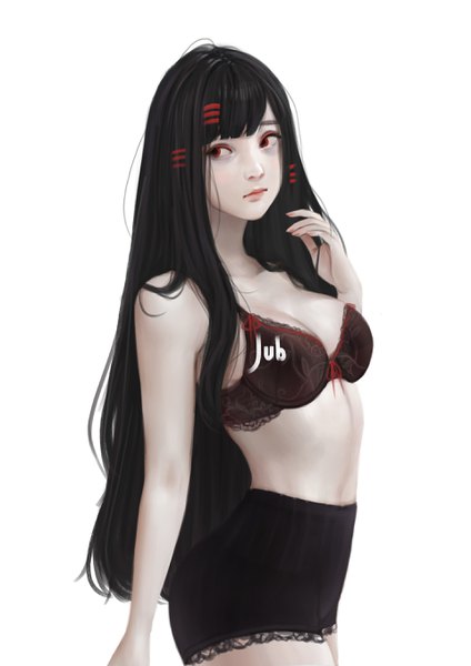 Anime-Bild 1920x2716 mit original alyssa (jubi) jubi (regiana) single long hair tall image highres breasts light erotic black hair red eyes white background bare shoulders signed looking away upper body arm up realistic bare belly pale skin