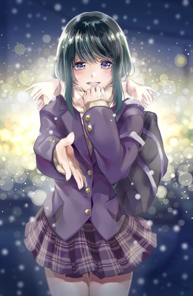 Anime picture 1173x1800 with original yache single long hair tall image looking at viewer blush fringe open mouth hair between eyes outdoors long sleeves pleated skirt fingernails green hair blurry teeth bare legs lens flare outstretched arm