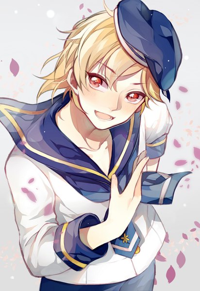 Anime picture 962x1400 with ensemble stars! nito nazuna bananakeki single tall image looking at viewer blush short hair open mouth blonde hair red eyes grey background hand on chest boy hat petals sailor suit sailor hat