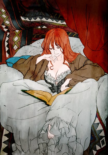Anime picture 1707x2447 with maoyuu maou yuusha arms corporation maou (maoyuu) long hair tall image highres cleavage red hair barefoot light smile reading girl dress book (books)