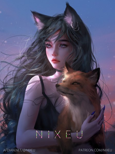 Anime picture 1043x1400 with original nixeu single long hair tall image fringe black hair holding signed animal ears looking away sky outdoors nail polish fingernails wind lips realistic piercing evening