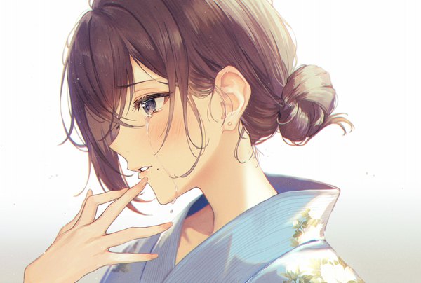 Anime picture 1280x861 with original haru (hiyori-kohal) single blush fringe short hair simple background hair between eyes brown hair white background payot looking away upper body profile mole grey eyes hair bun (hair buns) tears crying mole under mouth
