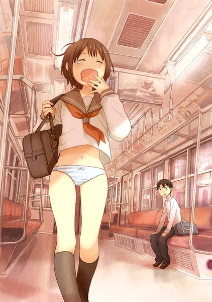 Anime picture 1000x1421 with original plasm (gyuunyuu) tall image blush fringe short hair open mouth light erotic brown hair sitting eyes closed tears walking yawn girl thighhighs boy uniform underwear panties