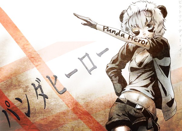Anime picture 1480x1066 with vocaloid panda hero (vocaloid) gumi kotorikurama single short hair simple background white background white hair inscription open clothes open jacket grey eyes hand on hip striped twisty sleeves brown background girl gloves navel