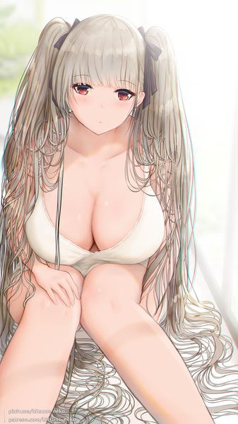 Anime picture 720x1280 with azur lane formidable (azur lane) kitsune-neko single long hair tall image looking at viewer blush fringe breasts light erotic red eyes large breasts sitting twintails bare shoulders cleavage blunt bangs grey hair bare legs