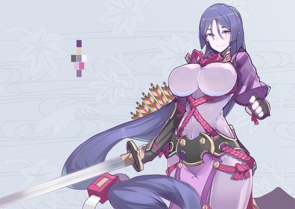 Anime picture 1273x900 with fate (series) fate/grand order minamoto no raikou (fate) aosora kamiya single looking at viewer breasts light erotic simple background smile large breasts purple eyes purple hair very long hair low ponytail seigaiha girl gloves weapon sword
